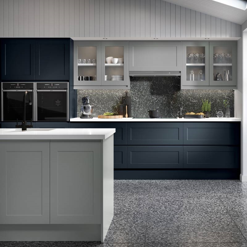Elland Fitted Kitchen Finished in Light Grey and Indigo Blue